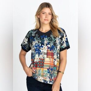 Johnny Was Ona Raglan Women Plaid Navy Blue Top Bamboo Red Plus Tee Shirt